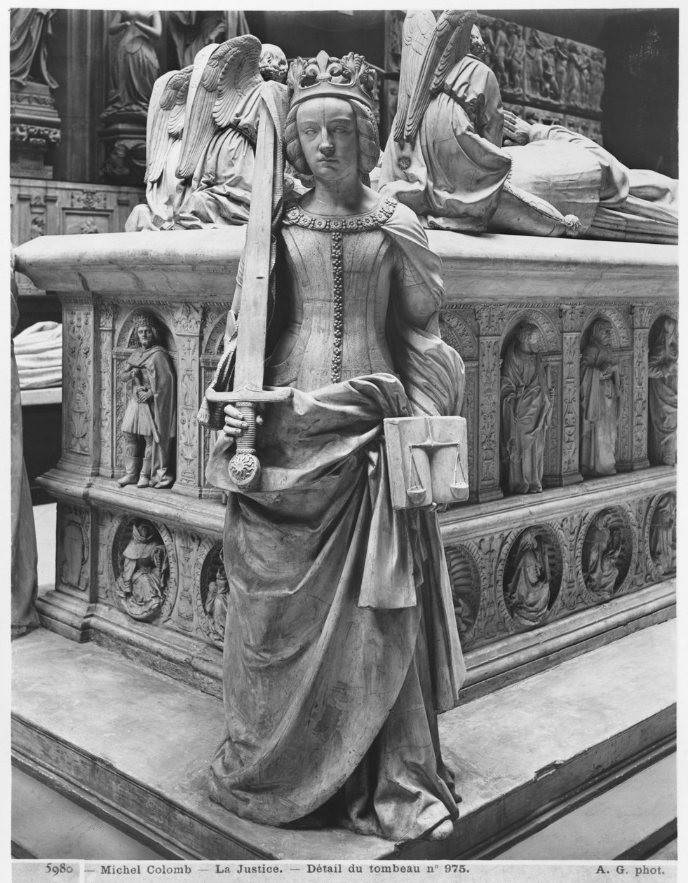 Nantes, St. Peter and St. Paul Cathedral, Tomb of Francis II, Duke of Brittany and Marguerite of Foix, detail of Justice, 1502-07 plaster cast from marble bw photo by Michel Colombe