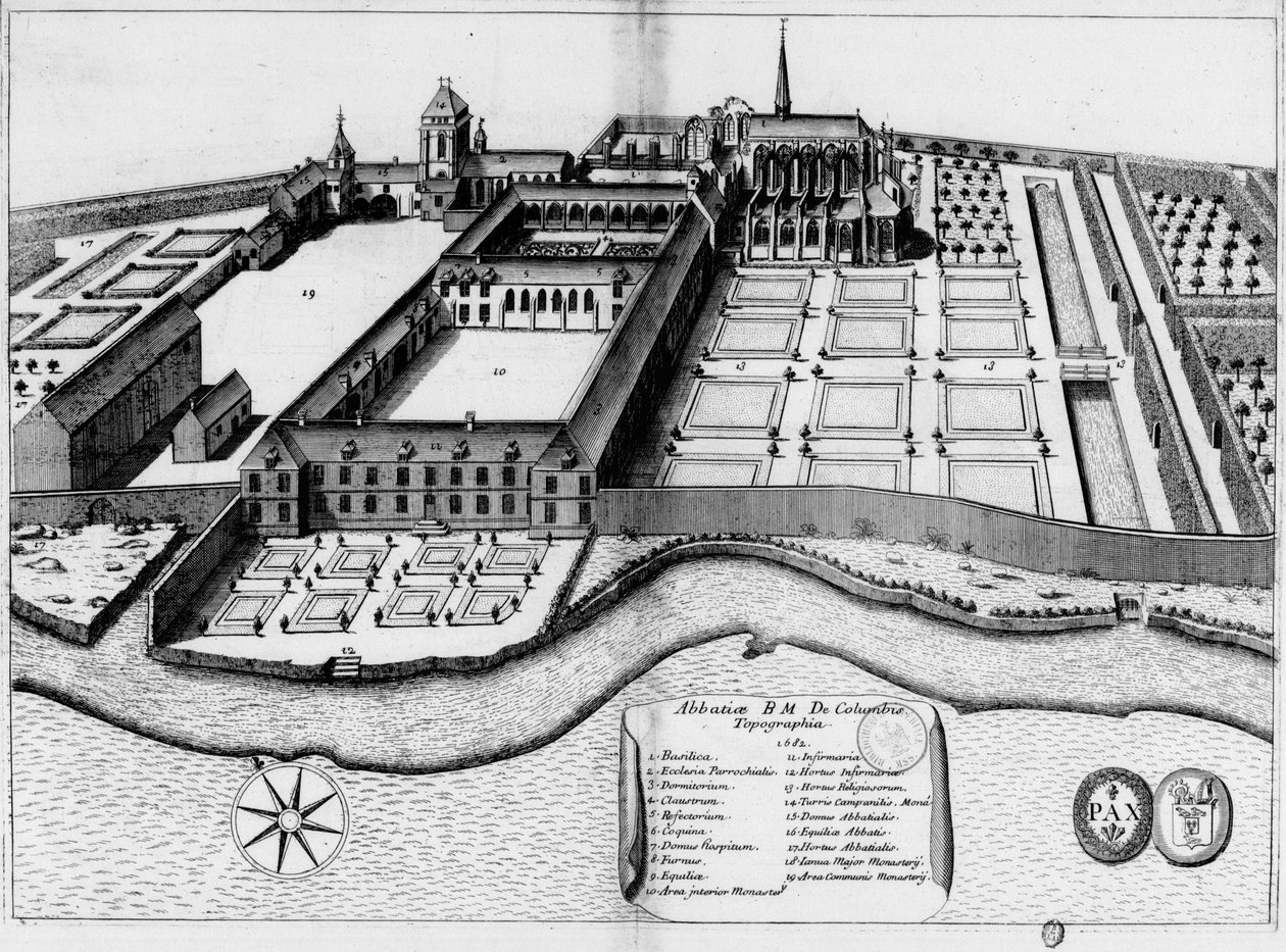 Monasticon Gallicanum kitabında Notre-Dame de Coulombs Manastırını temsil eden 17. yüzyıldan kalma oyulmuş levha by Michel Germain