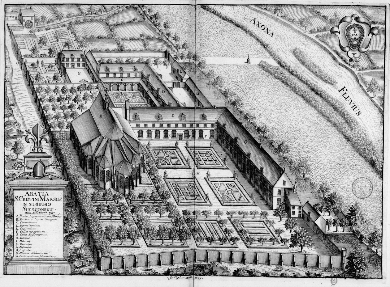 Monasticon Gallicanum kitabında Saint-Crépin-Le-Grand de Soissons manastırını temsil eden 17. yüzyılın oyulmuş levhası by Michel Germain