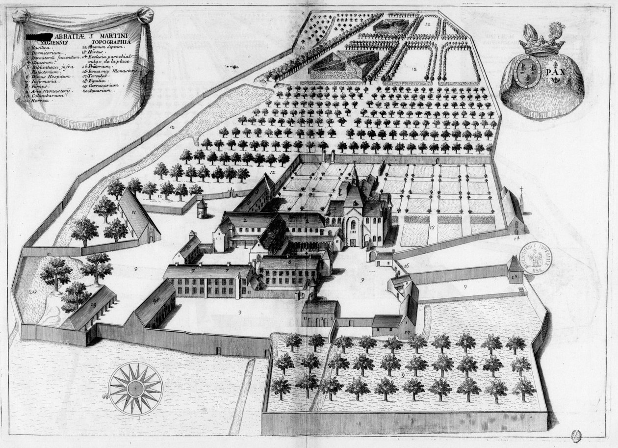 Monasticon Gallicanum kitabında Saint Martin de Sées manastırını temsil eden 17. yüzyıldan kalma oyulmuş plaka by Michel Germain