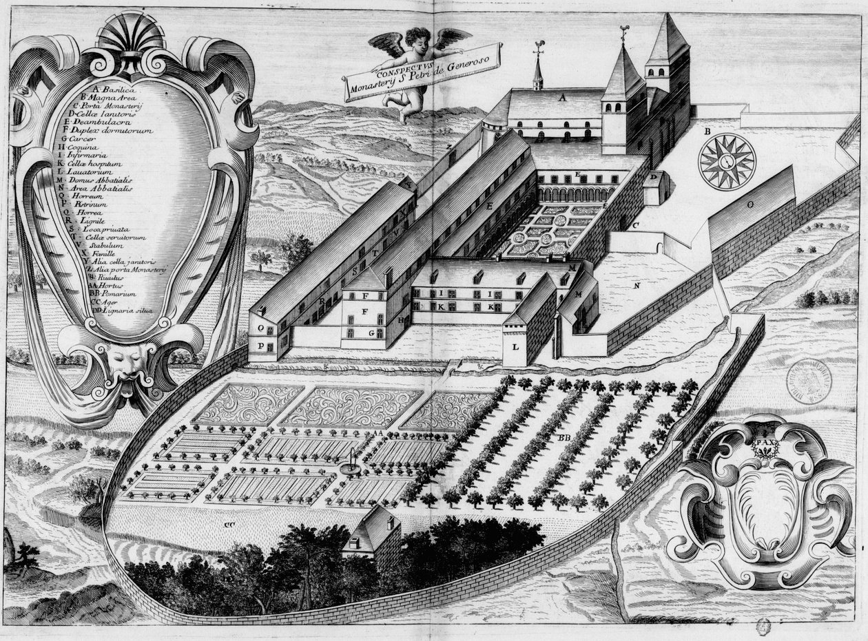 Monasticon Gallicanum kitabında Saint-Pé-de-Bigorre manastırını temsil eden 17. yüzyıldan kalma oyulmuş plaka by Michel Germain