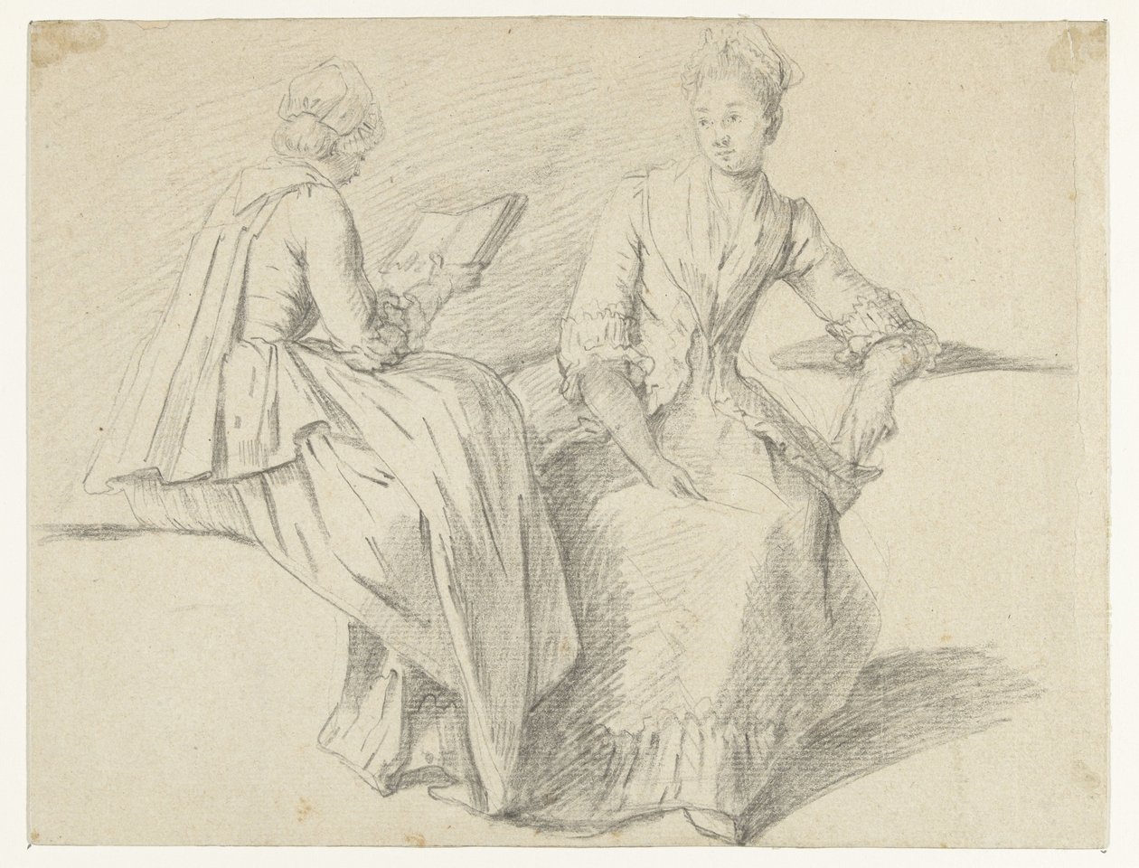 Oturan iki kızla çalışma sayfası by Michel Barthélémy Ollivier (possibly)