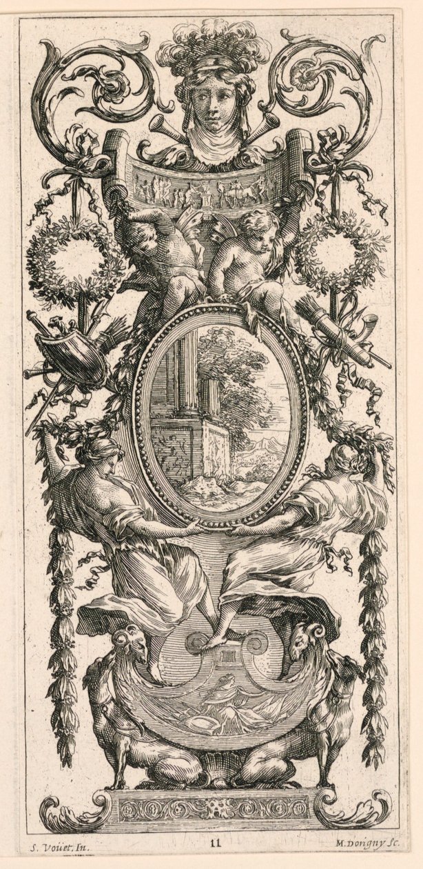 Yapraklarla çevrili bir Baş ile Üstü Süslü Panel, Livre de Diverses Grotesques peintes dans le Cabinet et Bains de la Reyne Regente, au Palais Royale