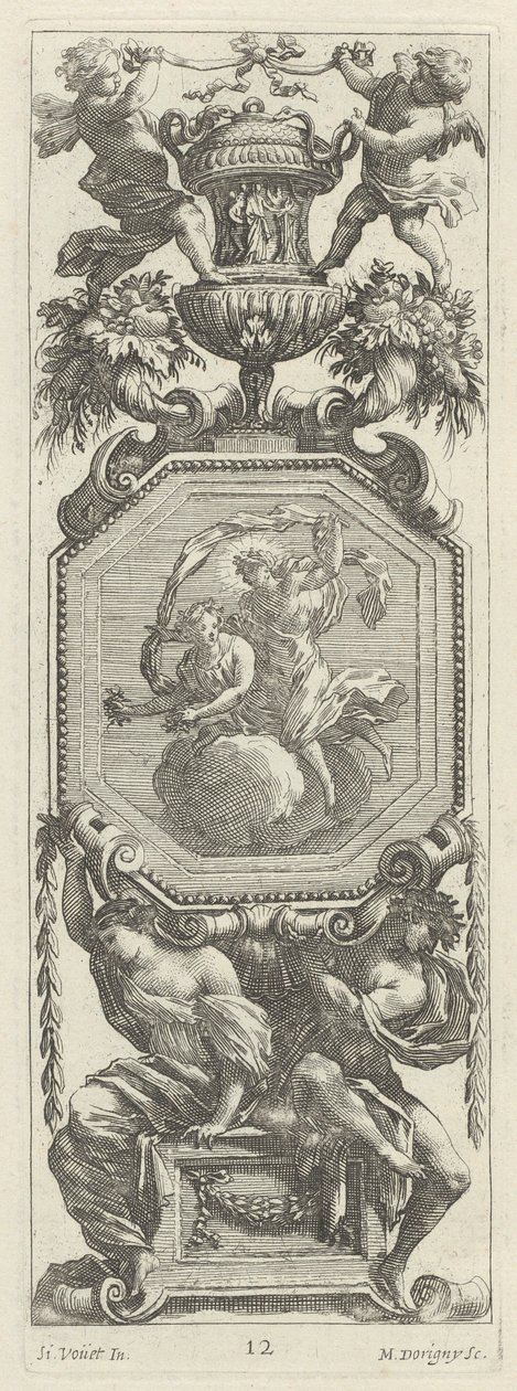 İki Putti ve Vazo Üstü Süs Panosu by Michel Dorigny, after Simon Vouet
