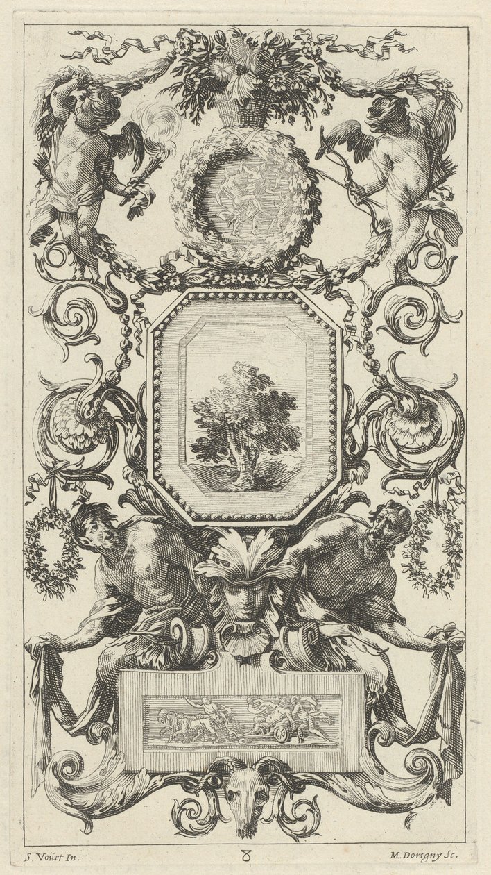 Aşk tanrısı ve kızlık zarı ile bir çiçek sepeti ile süslenmiş süs paneli by Michel Dorigny, after Simon Vouet