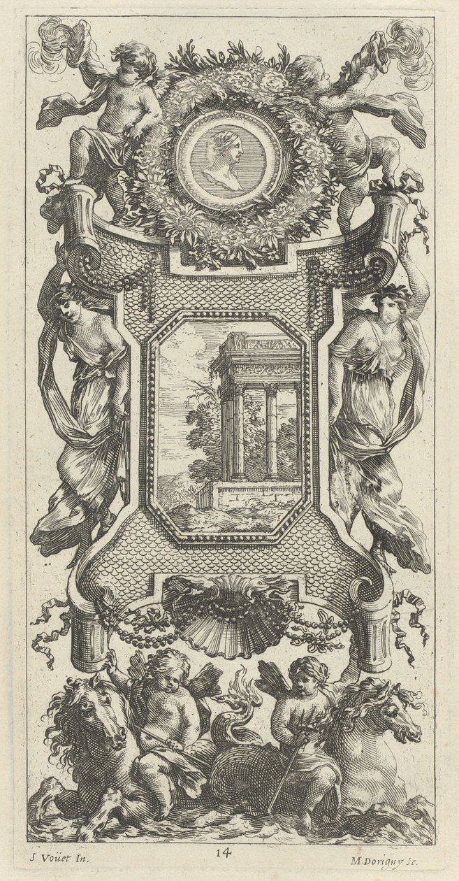 Bir Kadın Büstü ve Alevli Trompetli İki Putti ile Üstü Süs Paneli by Michel Dorigny, after Simon Vouet