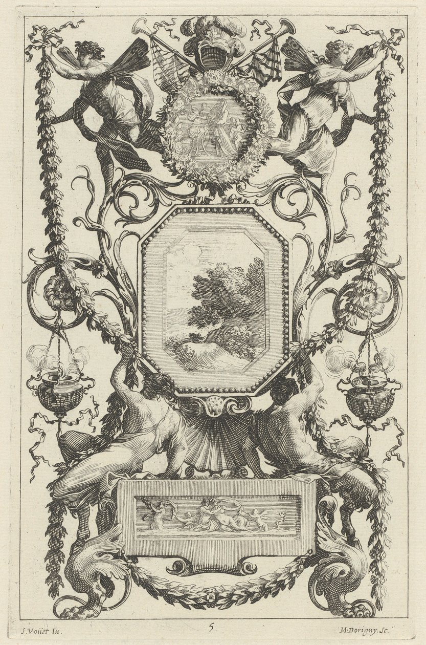 Madalyonla Üstü Kurban Olan Süs Panosu by Michel Dorigny, after Simon Vouet