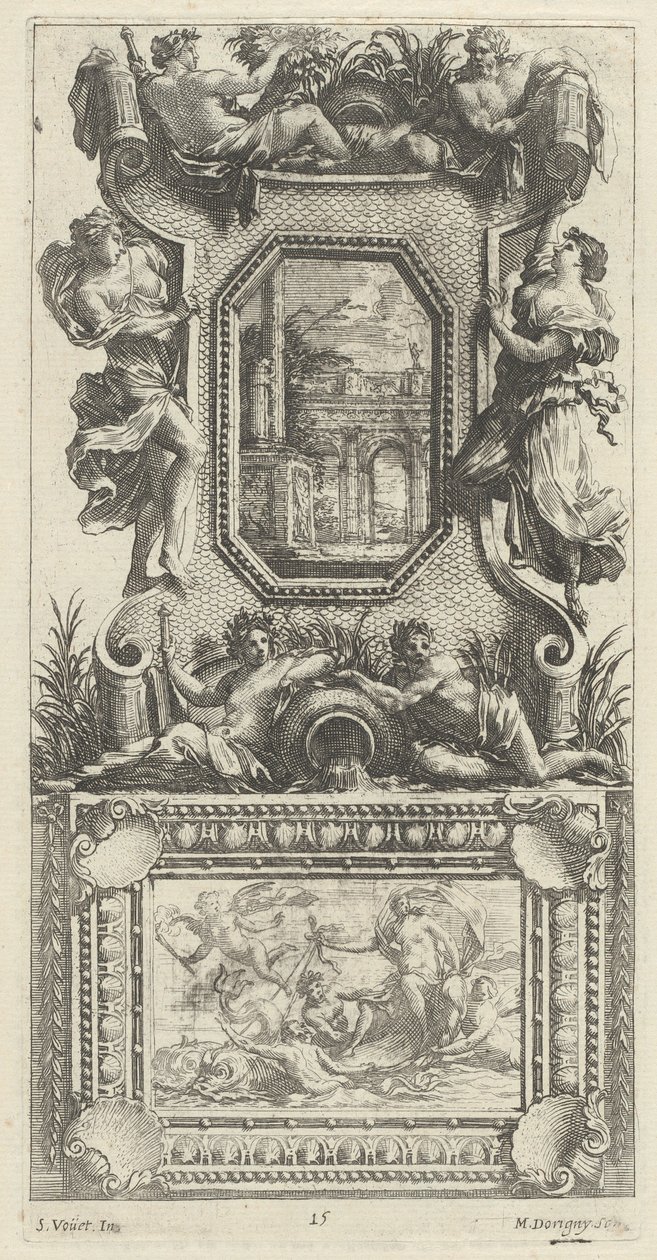 Bir Naiad ve Bir Nehir Tanrısı Tarafından Üstlenilen Süs Paneli by Michel Dorigny, after Simon Vouet