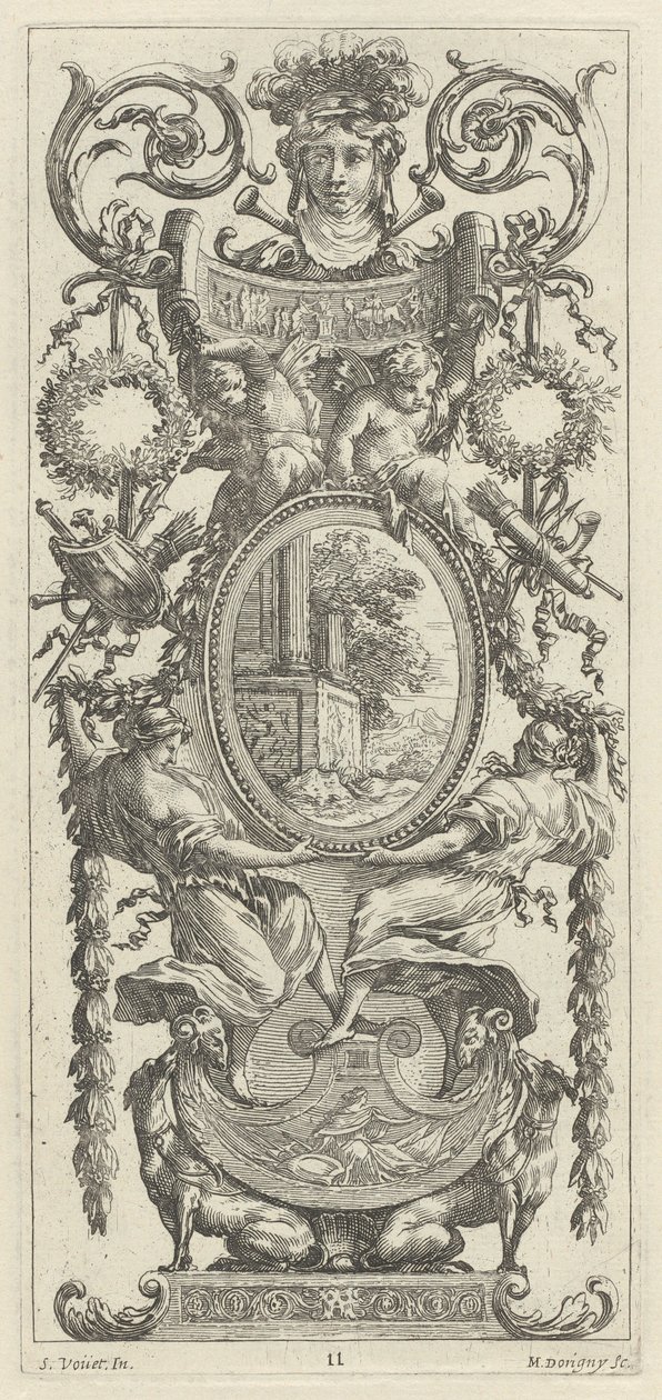 Yapraklarla çevrili bir kafa ile süslenmiş süs paneli by Michel Dorigny, after Simon Vouet