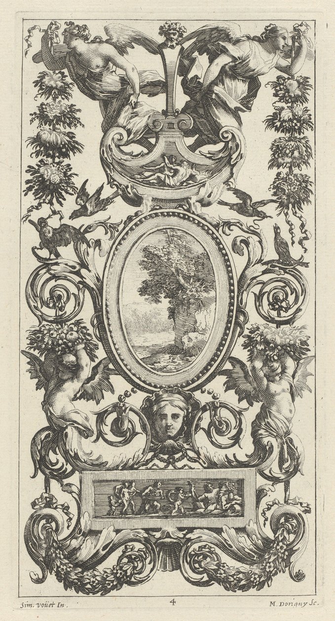 Pan ve İki Çelenk Taşıyan Kadın ile Süs Paneli by Michel Dorigny, after Simon Vouet