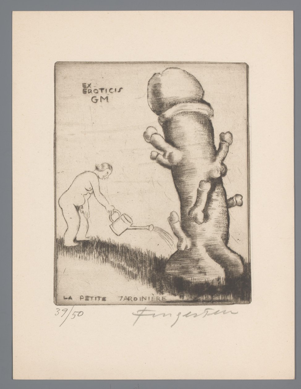 Exlibris van Gianni Mantero Ex eroticis GM (nesne üzerine başlık) La petite jardinière (nesne üzerine başlık) by Michel Fingesten (signed by artist)