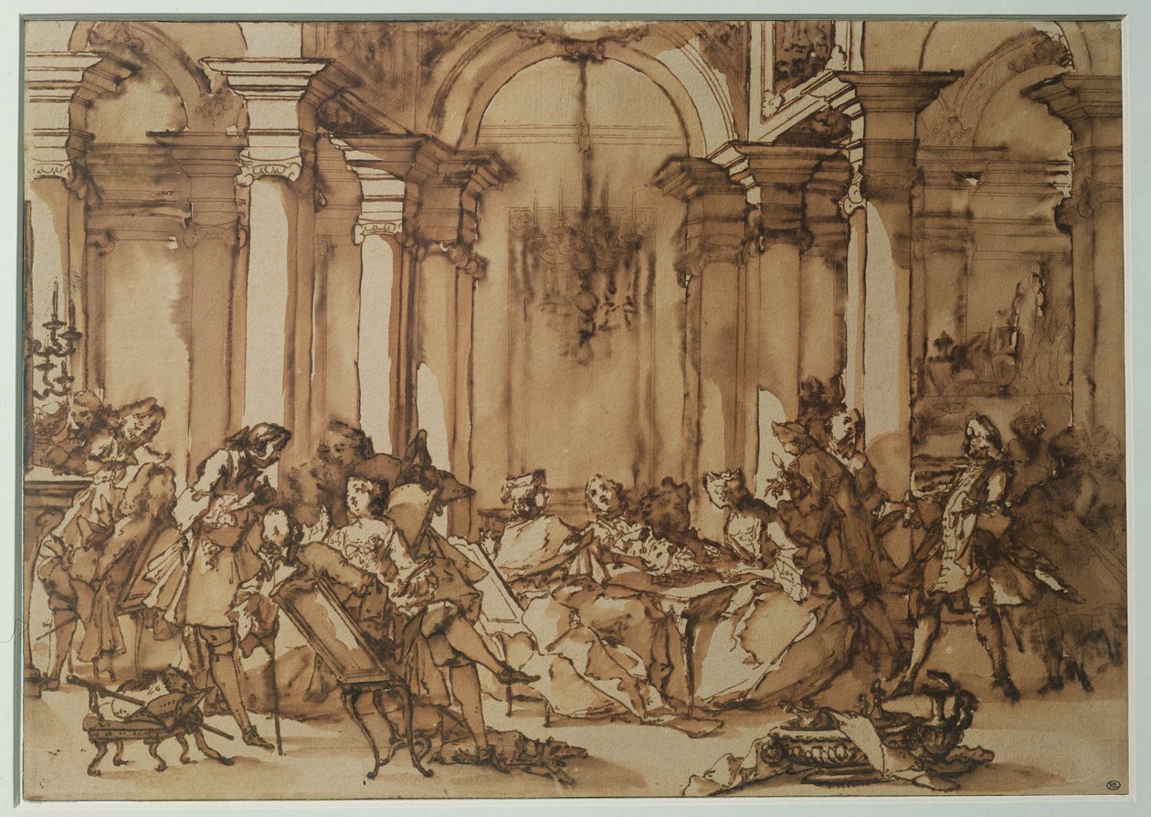 18. Yüzyılda Bir Edebiyat Salonu (kağıt üzerinde kalem ve sepya yıkama) by Michel Francois Dandre Bardon