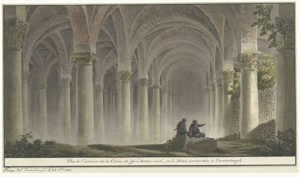 Interieur te Constantinopel Yéré-Batan-Serai Sarnıcı'nın veya Konstantinopolis'teki Yeraltı Sarayı'nın iç görünümü (nesne üzerindeki başlık) by Michel François Preaulx