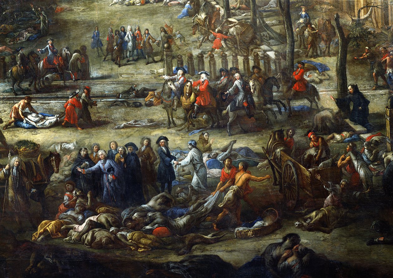 Cours Belsunce'nin görünümü, Marsilya, 1720 Vebası Sırasında, Belsunce Kardinali'ni bir grup veba kurbanı cesetiyle tasvir eden detay by Michel Serre