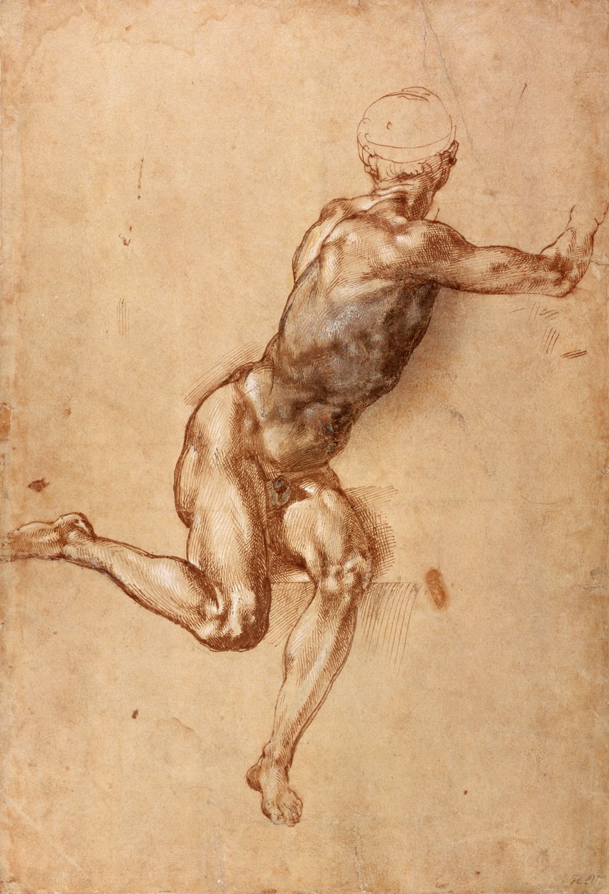 Oturmuş çıplak bir erkek etrafta dolanıyor, c.1505 (kağıt üzerinde yıkama ile kalem ve mürekkep) by Michelangelo Buonarroti