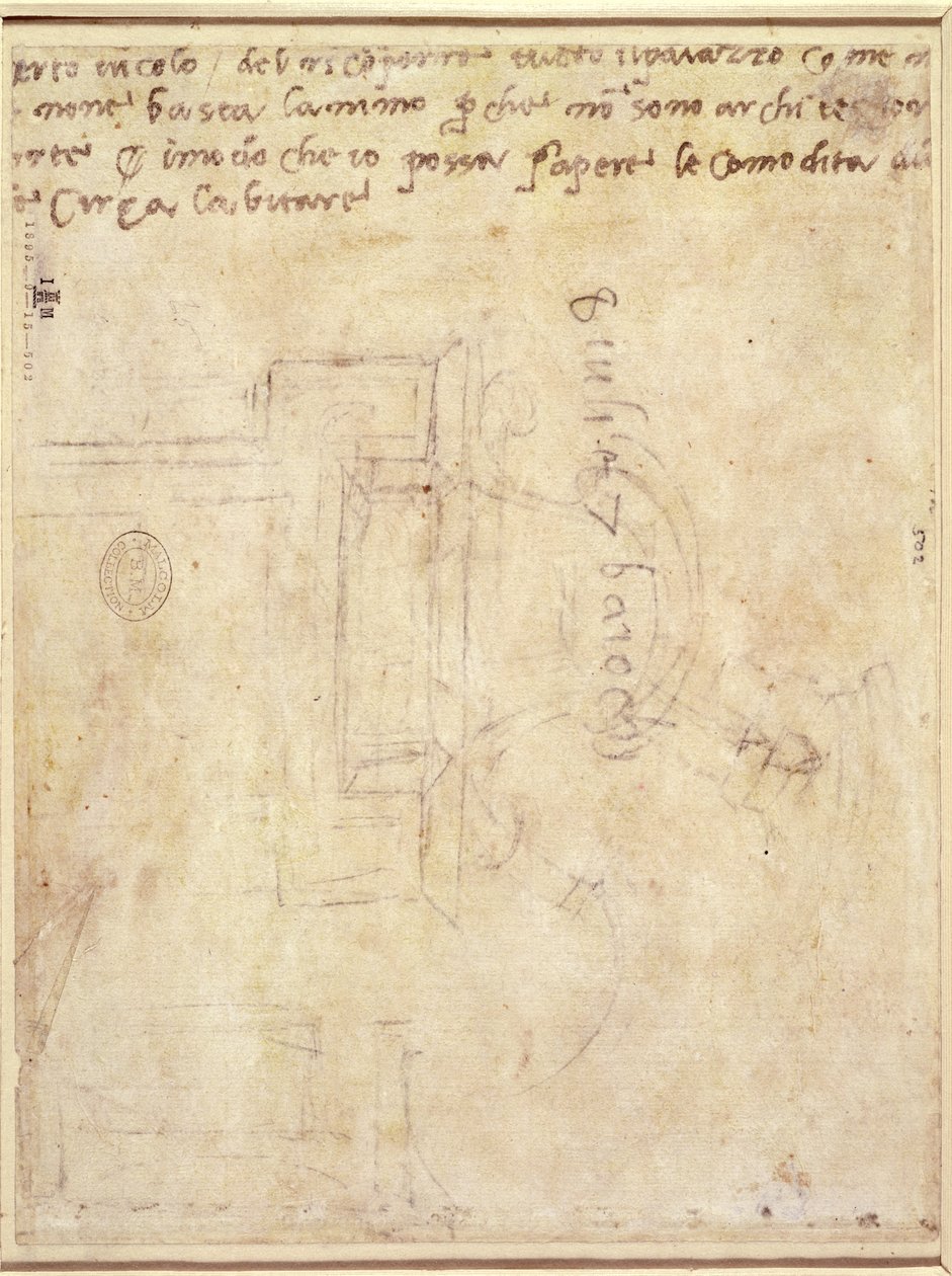Notlarla Mimari Çalışma (kağıt üzerine kalem ve kurşun kalem) (verso) (rekto için bkz. 191771) by Michelangelo Buonarroti