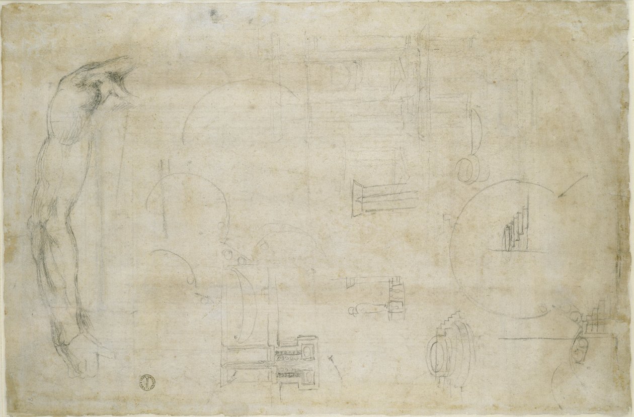 Mimari çalışmalar ve Bir Adamın Kolu, c.1538-50 (kağıt üzerine siyah tebeşir) by Michelangelo Buonarroti