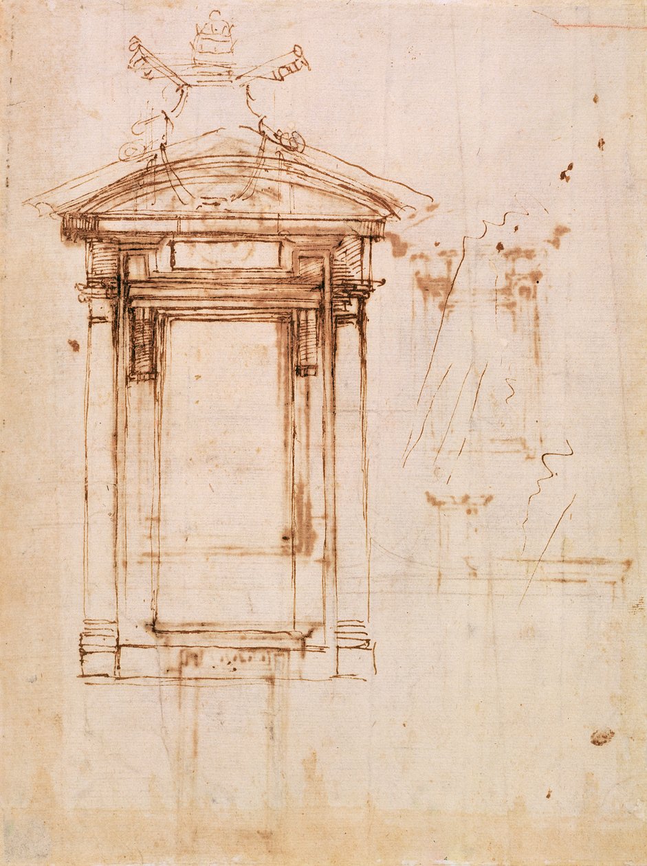 Mimari çalışma (kahverengi astarlı kağıt üzerine kahverengi mürekkep) (rekto) by Michelangelo Buonarroti