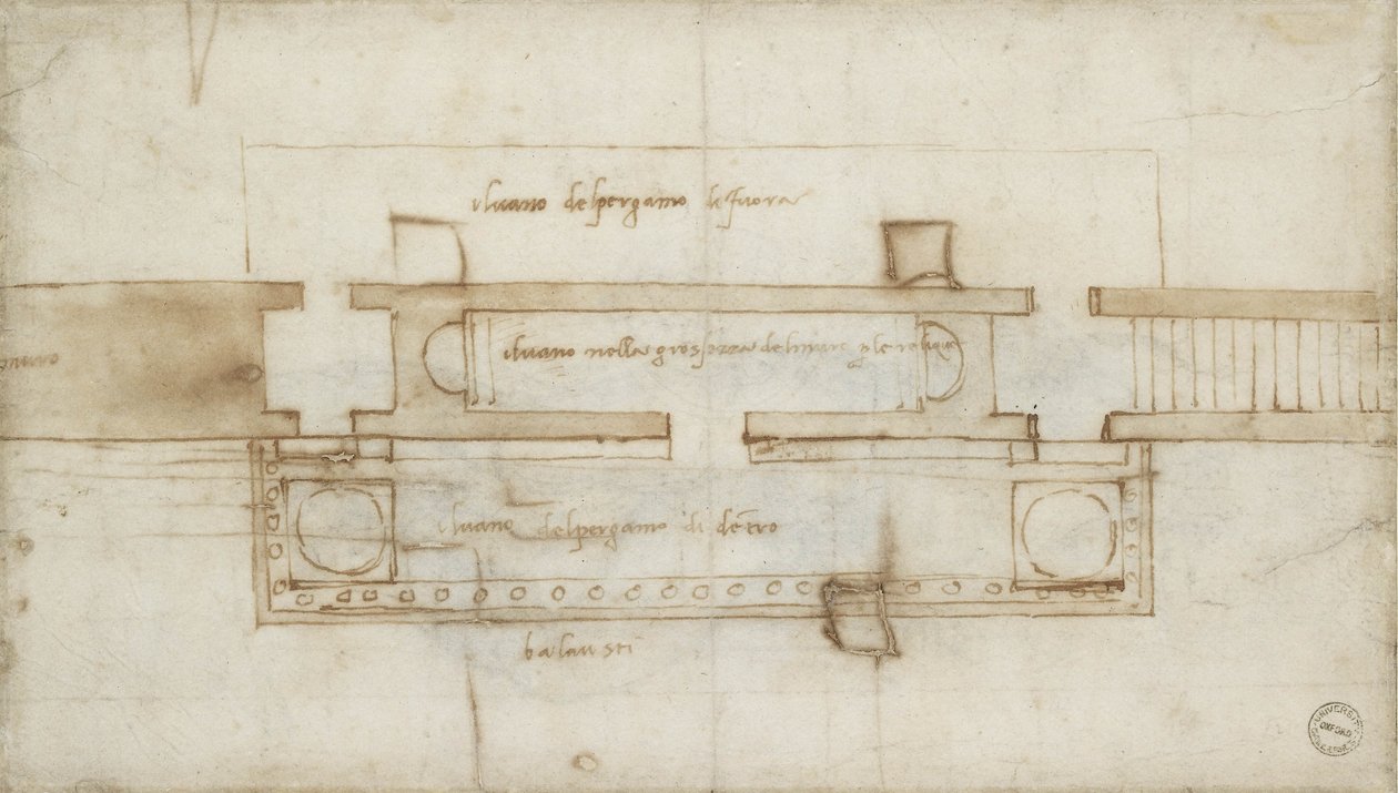 Bir Kalıntı Odası için tasarım, 16. yüzyıl (kağıt üzerinde kırmızı tebeşir) by Michelangelo Buonarroti