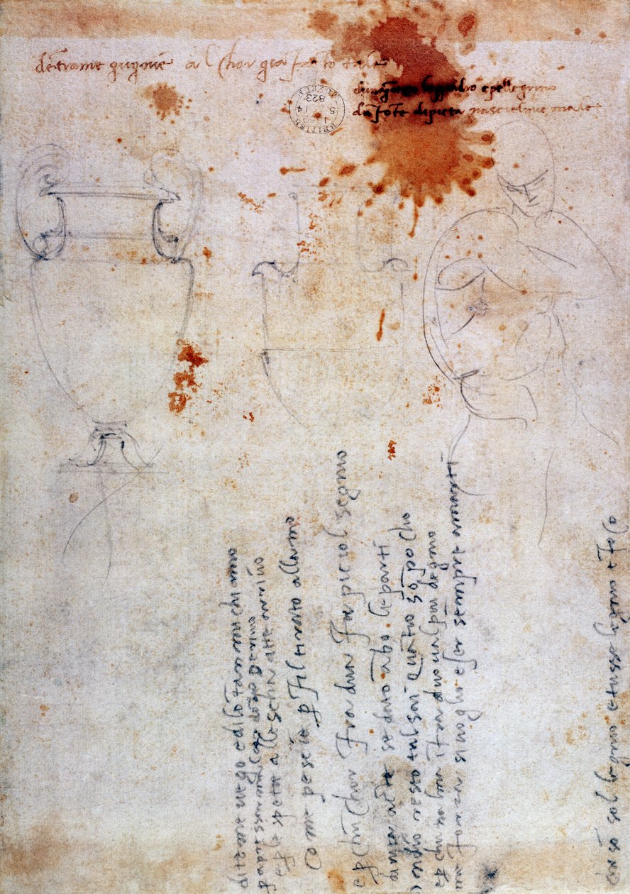 Notlar ile bir Urn ve Figür çizimi (kağıt üzerine kahverengi mürekkep ve kurşun kalem) (verso) by Michelangelo Buonarroti
