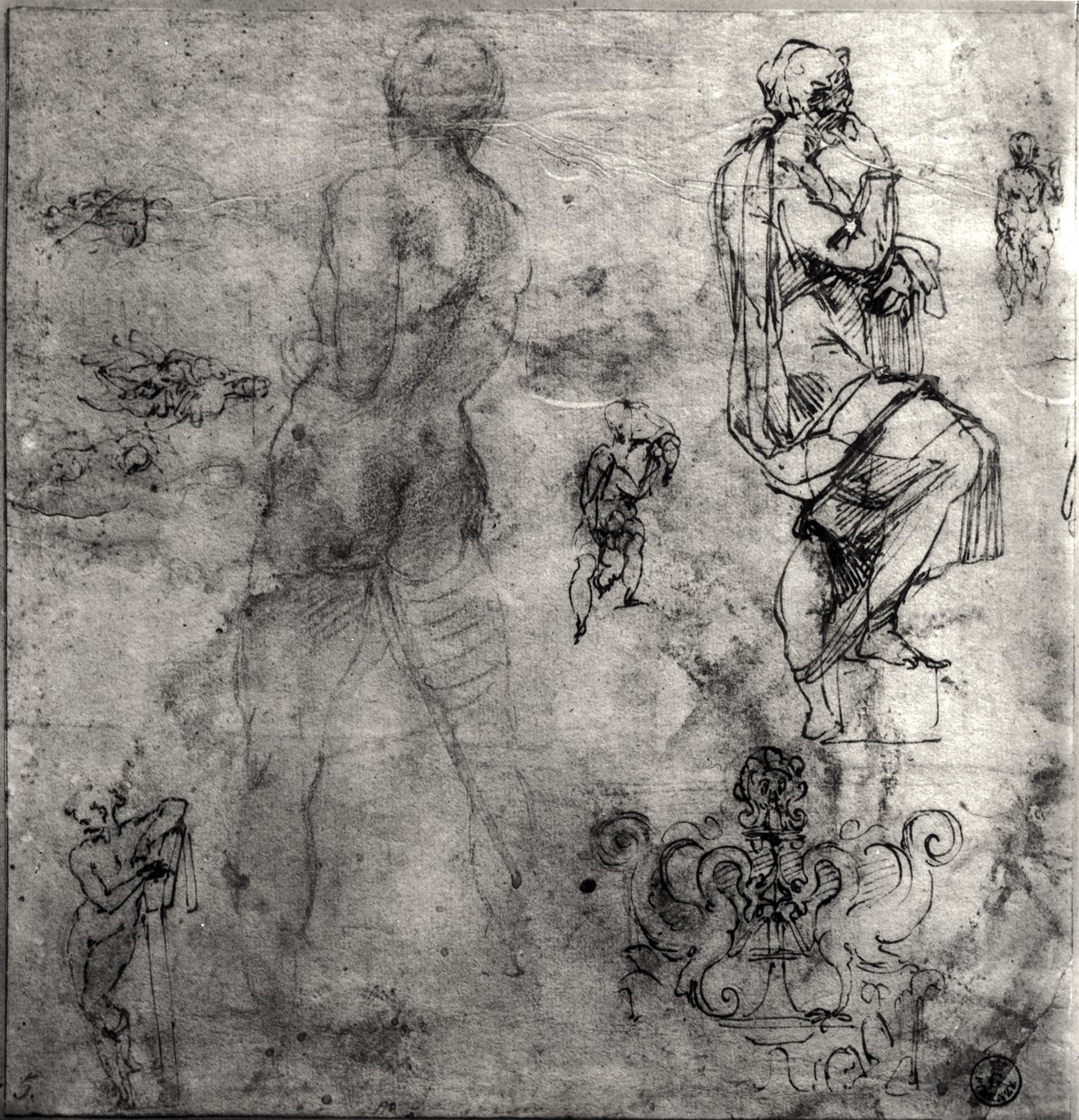 İnsan ve mimari çalışmalar (kağıt üzerine kalem ve mürekkep ve kurşun kalem) by Michelangelo Buonarroti