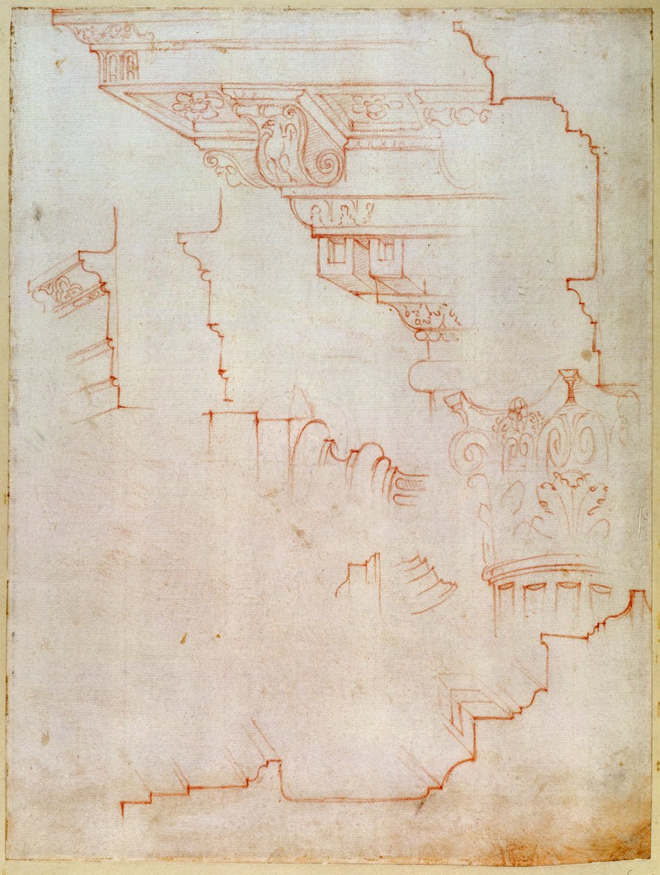 Env. 1859 6-25-5602. R. (W.19) Mimari detayların çizimi (kırmızı tebeşir) by Michelangelo Buonarroti