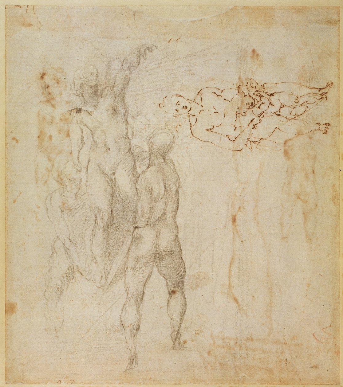 Erkek grubu ve çocuklu oturan figür (kalem ve mürekkep, karakalem) by Michelangelo Buonarroti