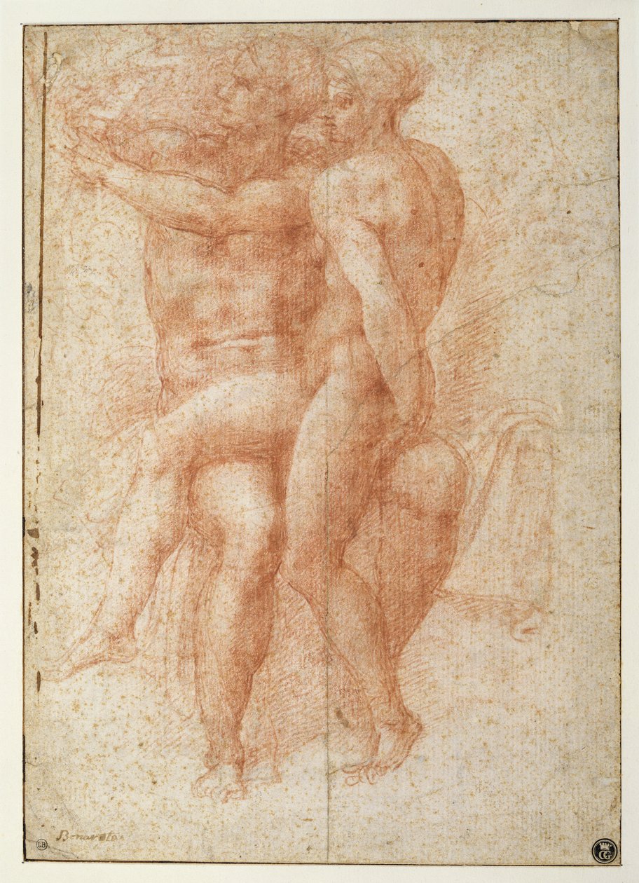 Oturmuş bir erkeğin dizlerine oturmuş çıplak kadın: Adem ve Havva (kağıt üzerinde iyimser) by Michelangelo Buonarroti