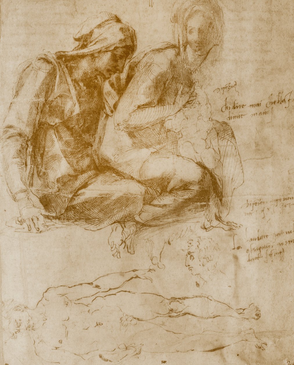 Aziz Anne, Bakire ve Çocuk ve çıplak bir adamın incelenmesi by Michelangelo Buonarroti