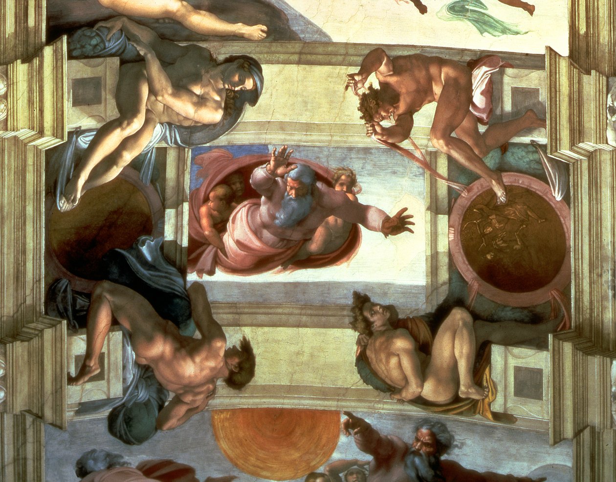 Sistine Şapeli Tavanı: Dört Ignudi ile Karayı Denizden Ayıran Tanrı, 1510 (restorasyon sonrası) by Michelangelo Buonarroti