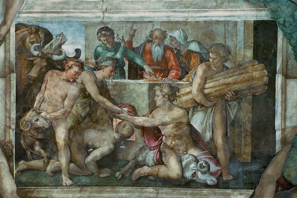 Sistine Şapeli Tavanı: Tufandan Sonra Nuh (restorasyon öncesi) by Michelangelo Buonarroti