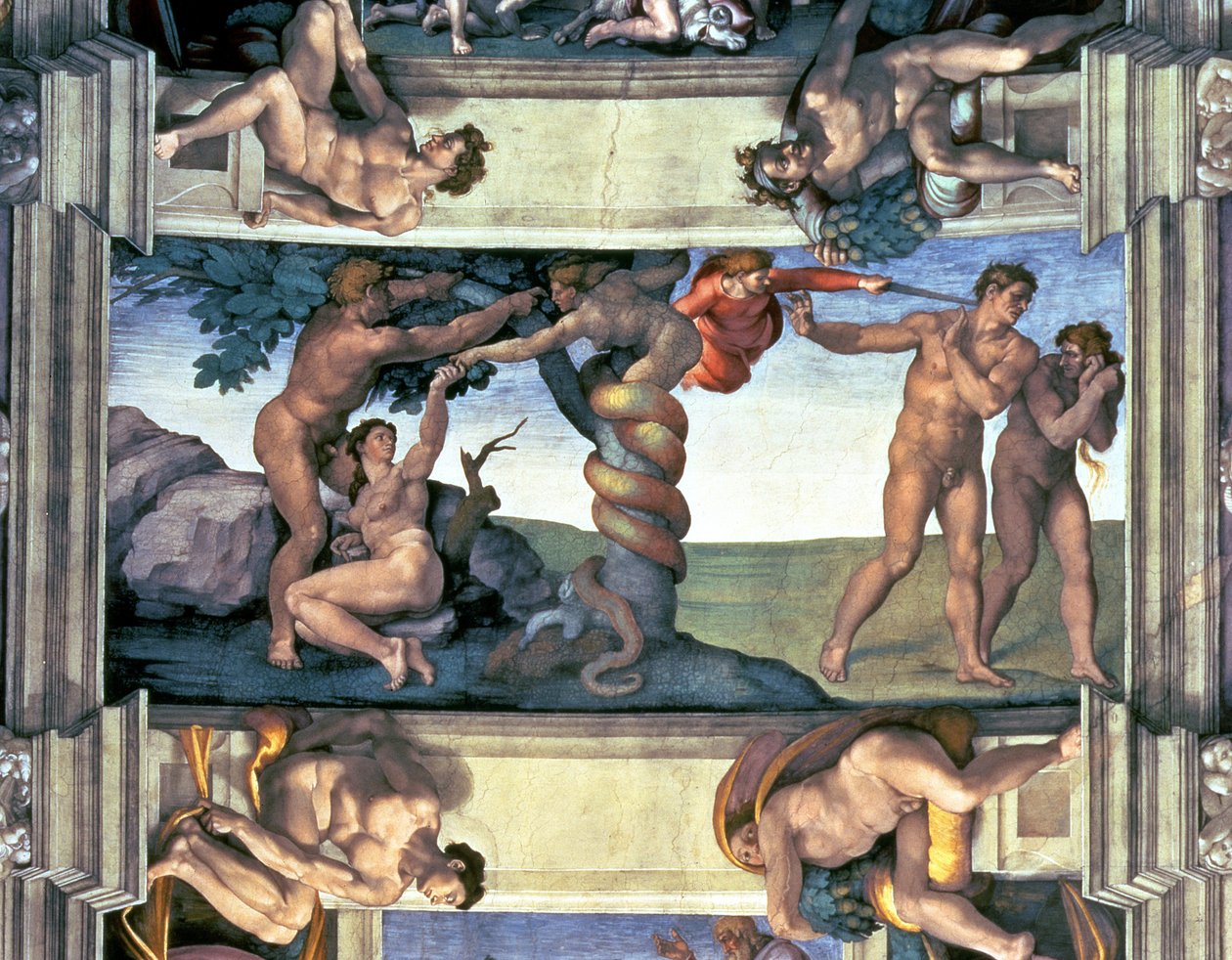 Sistine Şapeli Tavanı: İnsanın Düşüşü ve Cennet Bahçesinden Kovulma, dört Ignudi ile, 1510 (restorasyon sonrası) by Michelangelo Buonarroti