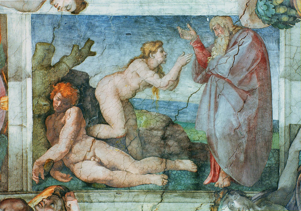 Sistine Şapeli tavanı: Dört Ignudi ile arifenin yaratılması, 1511 (restorasyon öncesi) by Michelangelo Buonarroti