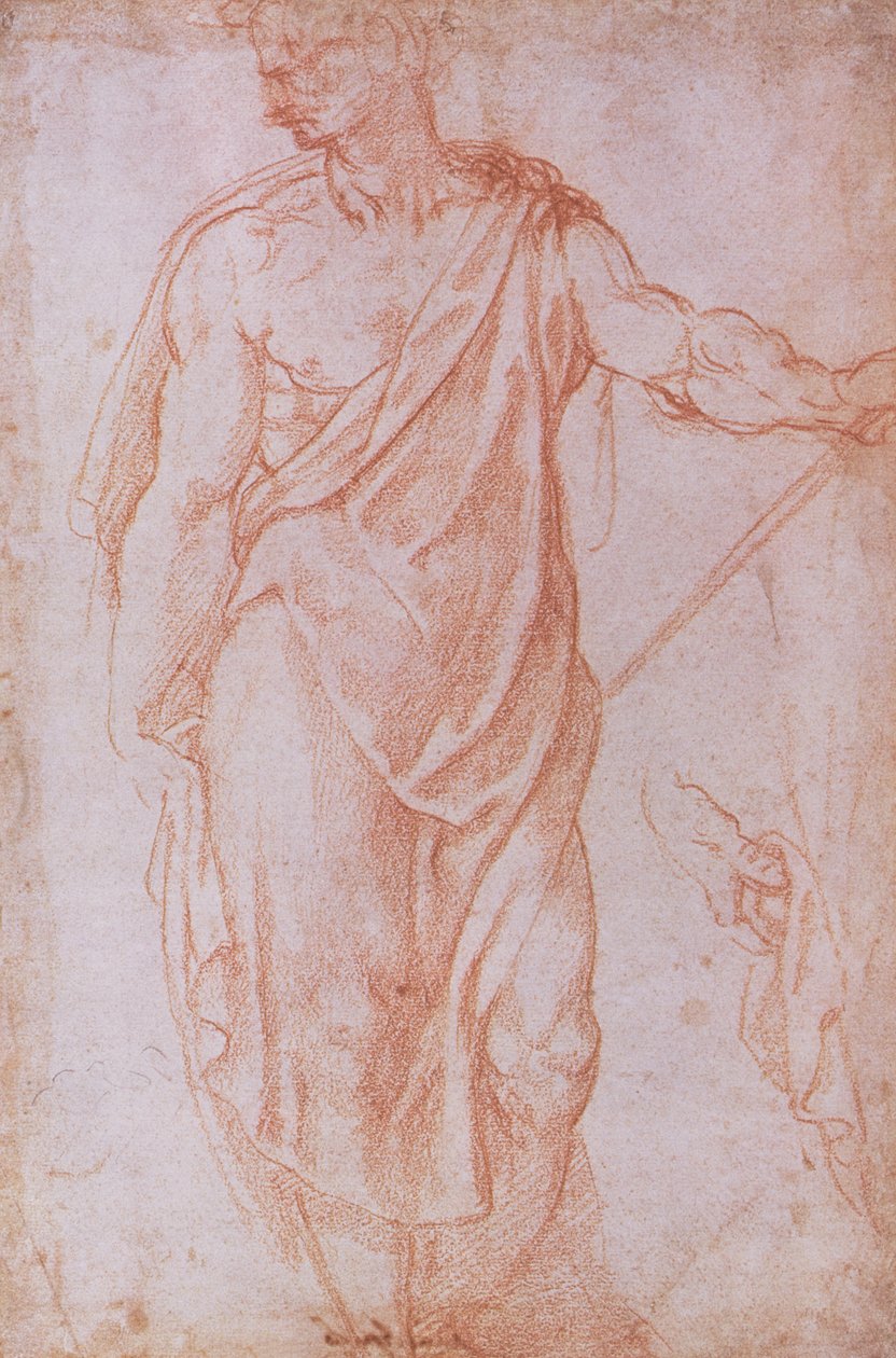 Asa tutan bir adamın çizimi ve bir elin çalışması (kağıt üzerinde kırmızı tebeşir) by Michelangelo Buonarroti
