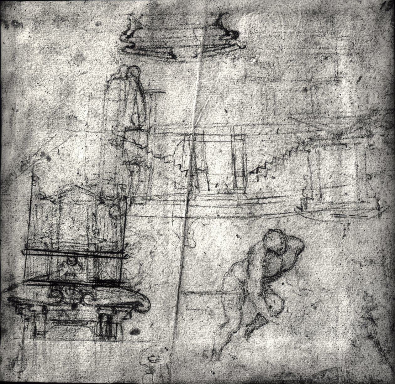 Mimari çalışmalar ve bir erkek çıplak ile eskiz by Michelangelo Buonarroti