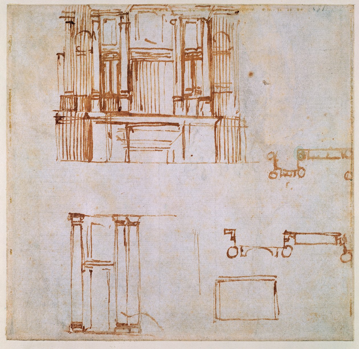 Anıtsal bir duvar mezarı için çalışmalar (San Lorenzo, Floransa korosu için tasarlanan Clement VII ve Leo X mezarları için) 1525-26 (kağıt üzerinde kalem ve kahverengi) (recto) (tersi için bkz 191780) by Michelangelo Buonarroti