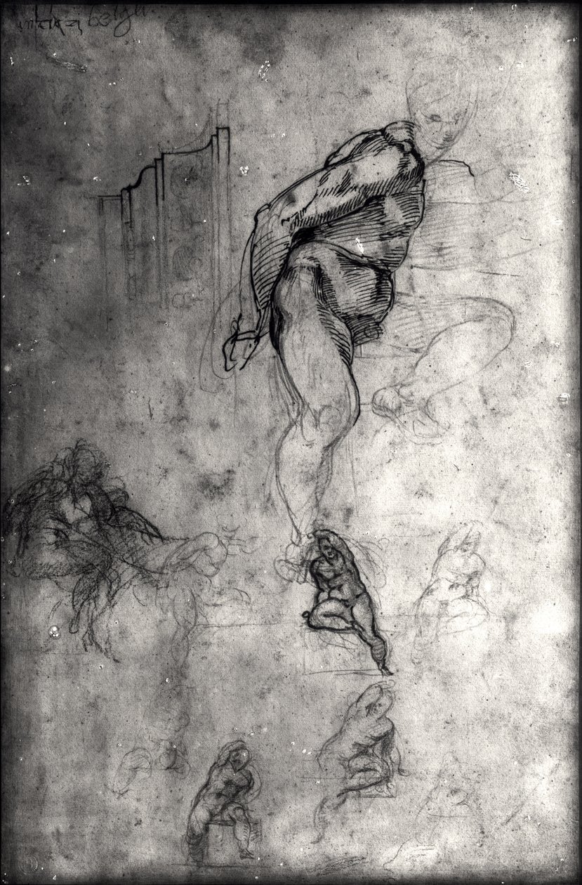 Sistine Tavanında figür çalışmaları (kağıt üzerine kalem-mürekkep ve kurşun kalem) by Michelangelo Buonarroti