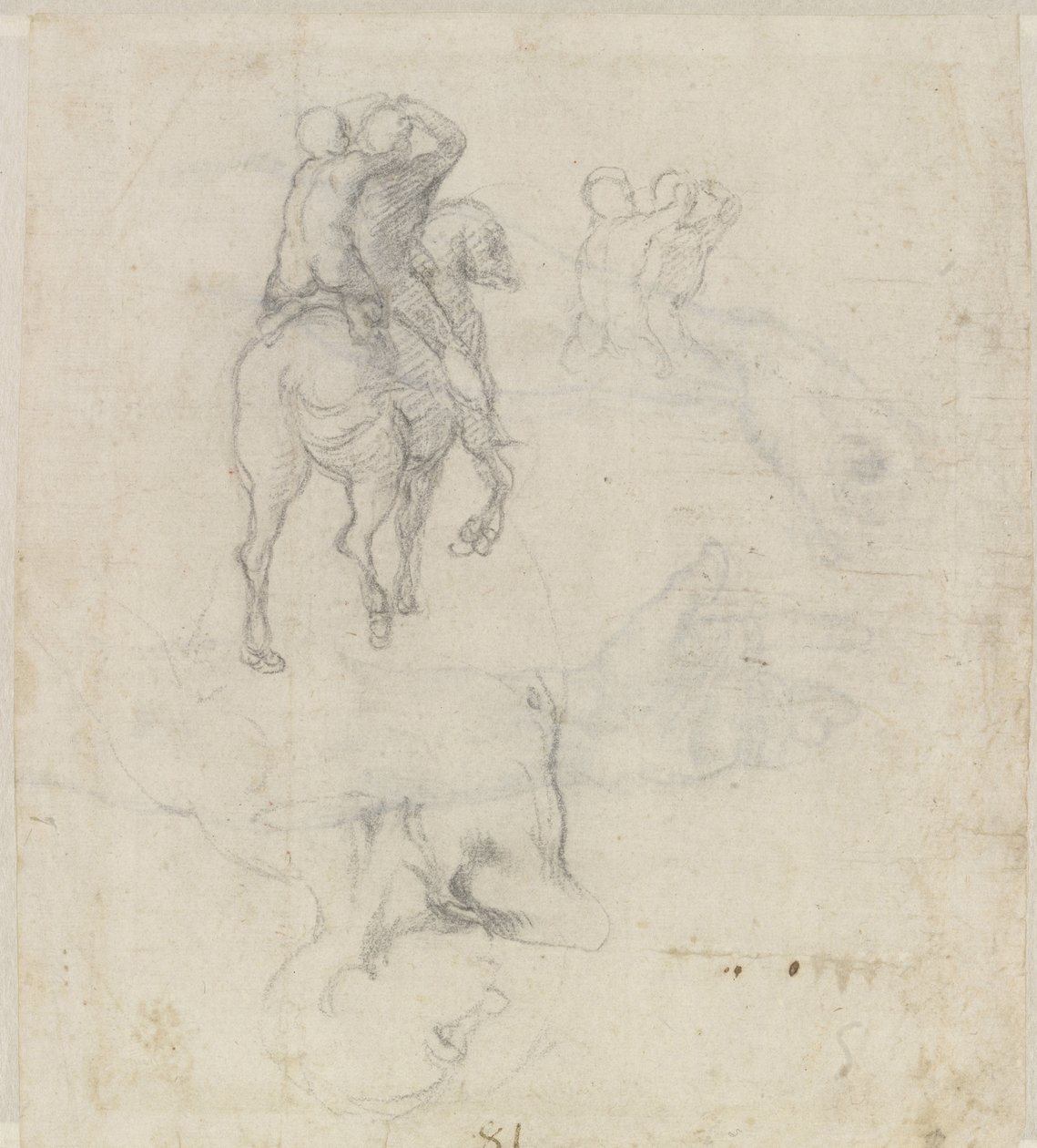 İki Çıplak Binicili ve Erkek Gövdeli Bir At Çalışmaları by Michelangelo Buonarroti