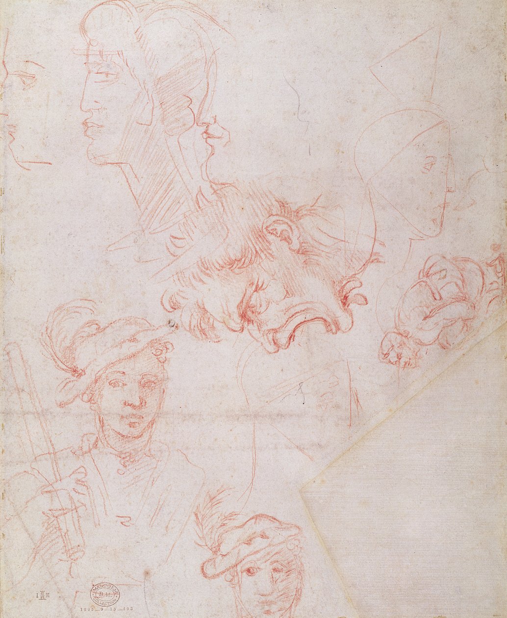 Kafa çalışmaları, 1508-12d (kağıt üzerinde kırmızı tebeşir) (verso) by Michelangelo Buonarroti