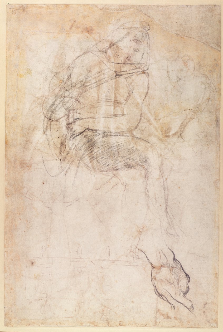 Study for the Ignudi above the Persian Sibyl in the Sistine Chapel, 1508-12 (charcoal on paper) (verso) by Michelangelo Buonarroti