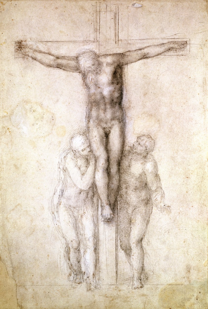 Bakire ve Aziz John the Evangelist (kağıt üzerinde siyah tebeşir) (rekto) arasındaki Haç Üzerinde İsa Çalışması by Michelangelo Buonarroti