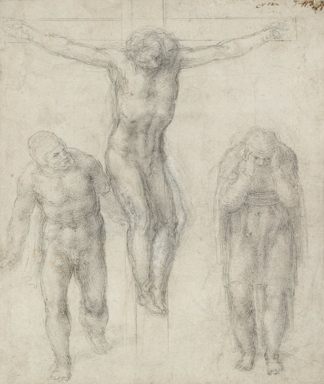 Çarmıha Gerilmiş İsa ve iki figür çalışması, c.1560 (kağıt üzerinde tebeşir) by Michelangelo Buonarroti