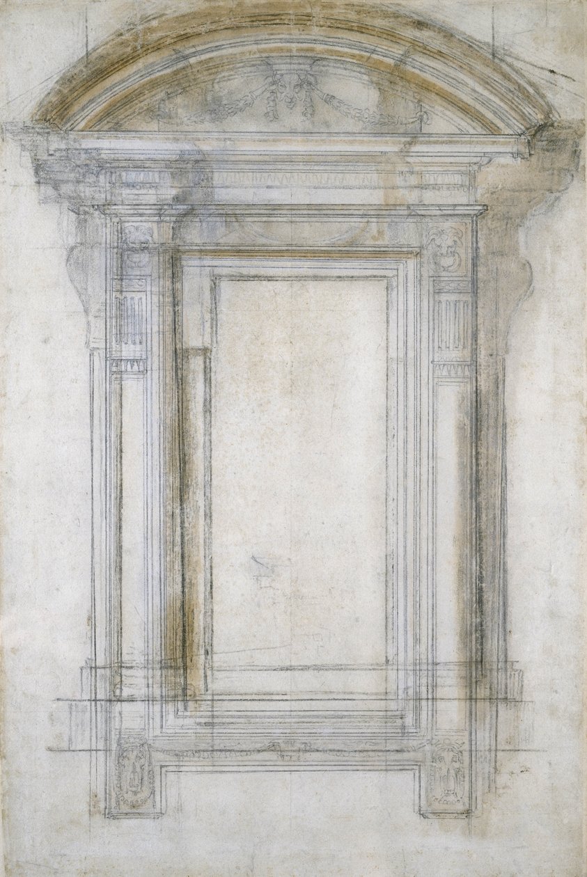 Yarım daire üçgen çatılı bir Pencerenin İncelenmesi, c.1546 (siyah tebeşir ve kağıt üzerinde yıkama) by Michelangelo Buonarroti