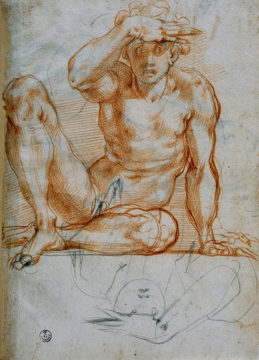 Eliyle gölge yapan çıplak bir çalışma (6599 F), kağıt üzerine kırmızı kalem, Michelangelo Buonarroti (1475-1564), Çizimler ve Baskılar Kabinesi, Uffizi Galerisi, Floransa by Michelangelo Buonarroti