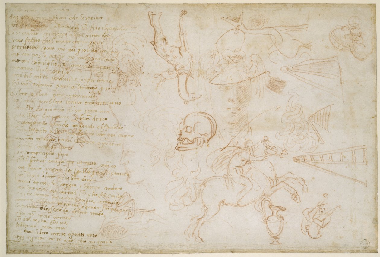 Kafalar ve hayvanlar çalışması, c.1525 (kağıt üzerine kırmızı tebeşir ve kalem) by Michelangelo Buonarroti
