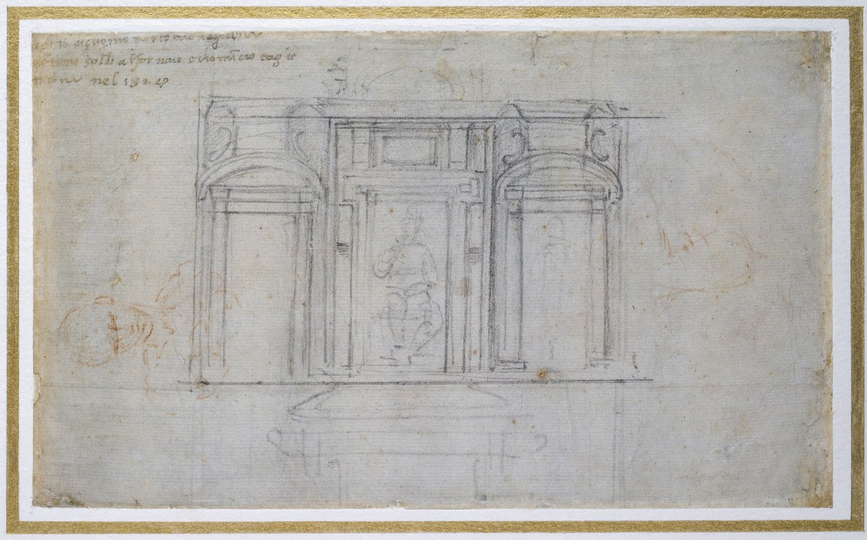 Medici Mezarının Üst Katının İncelenmesi, c.1520 (kağıt üzerinde siyah ve kırmızı tebeşir) by Michelangelo Buonarroti