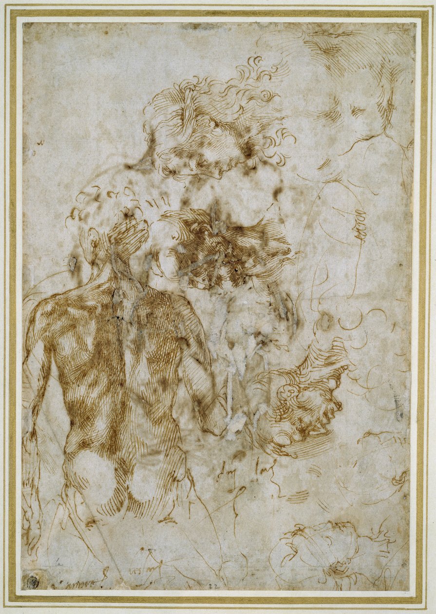 Çeşitli Figür Çalışmaları (beyaz kağıda kalem ve kahverengi mürekkep) by Michelangelo Buonarroti