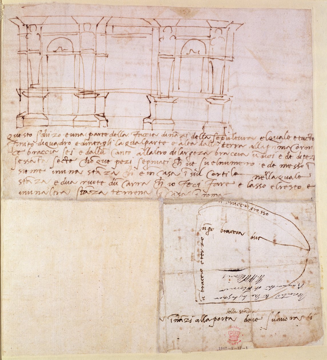 W.23r Notlarla birlikte mimari çizim (kalem ve mürekkep) by Michelangelo Buonarroti