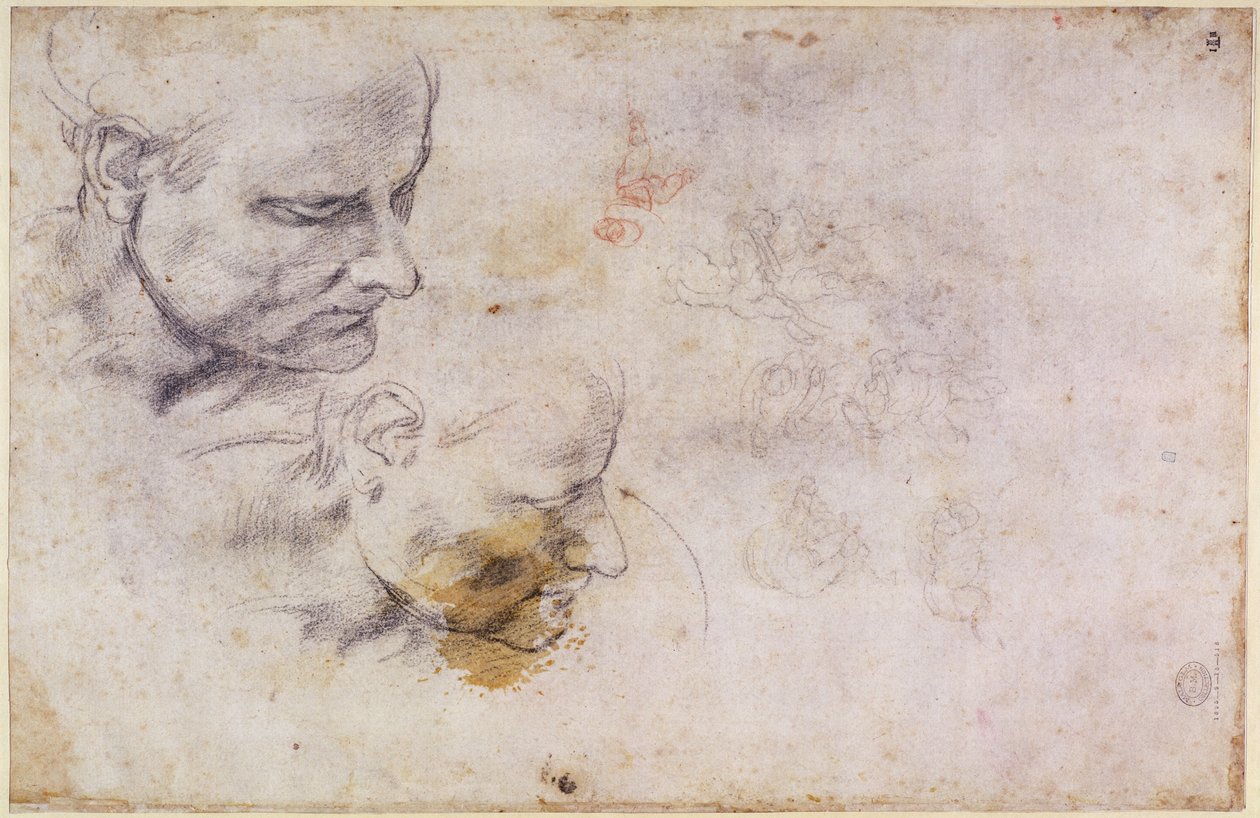W.60 İki pozisyonda bir erkek kafa taslağı by Michelangelo Buonarroti