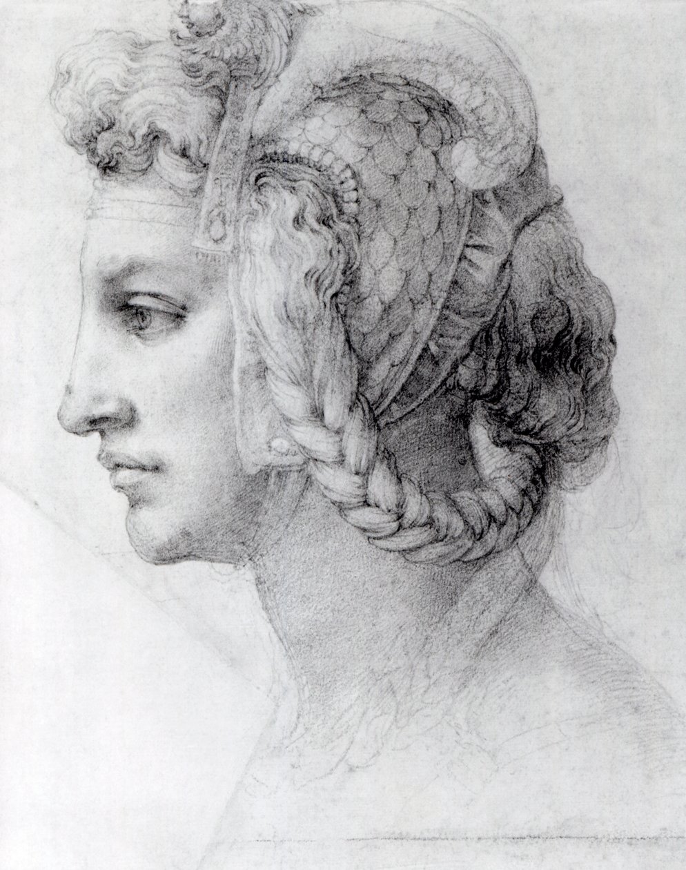 İdeal Kadın Başı, c.1525-28 (kağıt üzerine siyah tebeşir) by Michelangelo Buonarroti